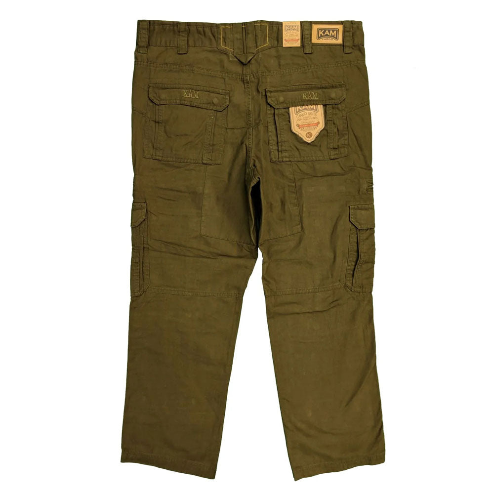 Olive green cotton cargo pants with relaxed fit, zip fly, and multiple side and back pockets.