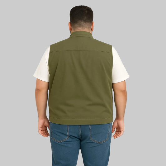 Men’s olive green twill cotton sleeveless jacket, lightweight layering vest, front studio view