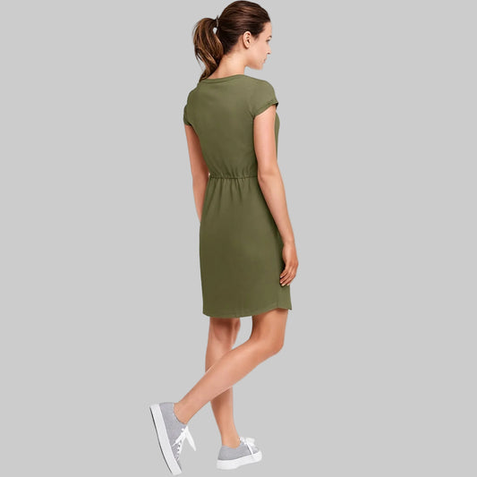 Women’s Olive Knit Drawstring Dress with short sleeves, adjustable waist, curved hem, and cotton slub jersey fabric, hitting just above the knee.