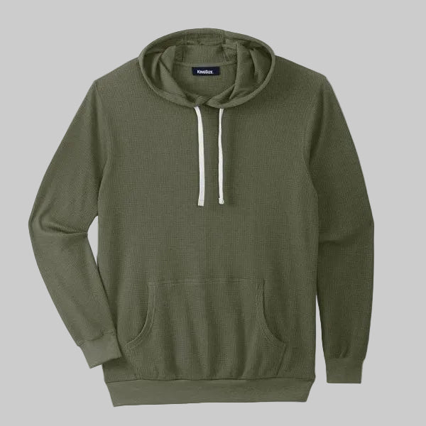 Olive waffle-knit big and tall thermal hoodie with drawstring hood and kangaroo pocket, front view