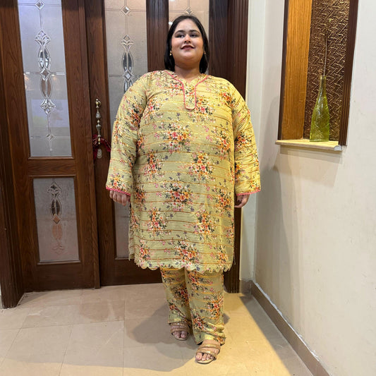 Olive Zari Lawn Floral Striped Embroidered 2PC Stitched Suit PSW-9543