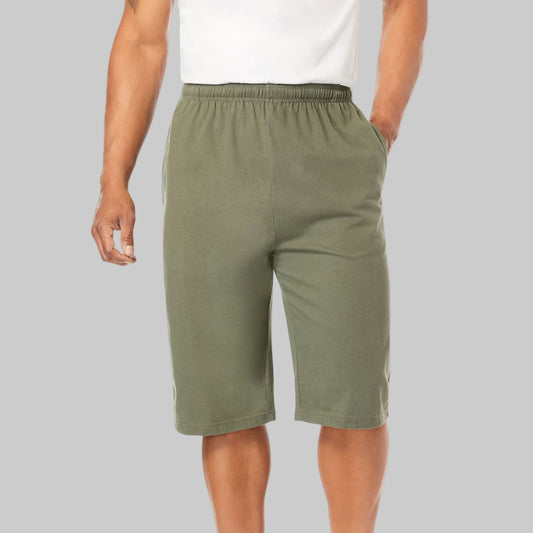 Olive green long jersey shorts with elastic waistband, drawstring, side pockets, and relaxed fit for big and tall men.
