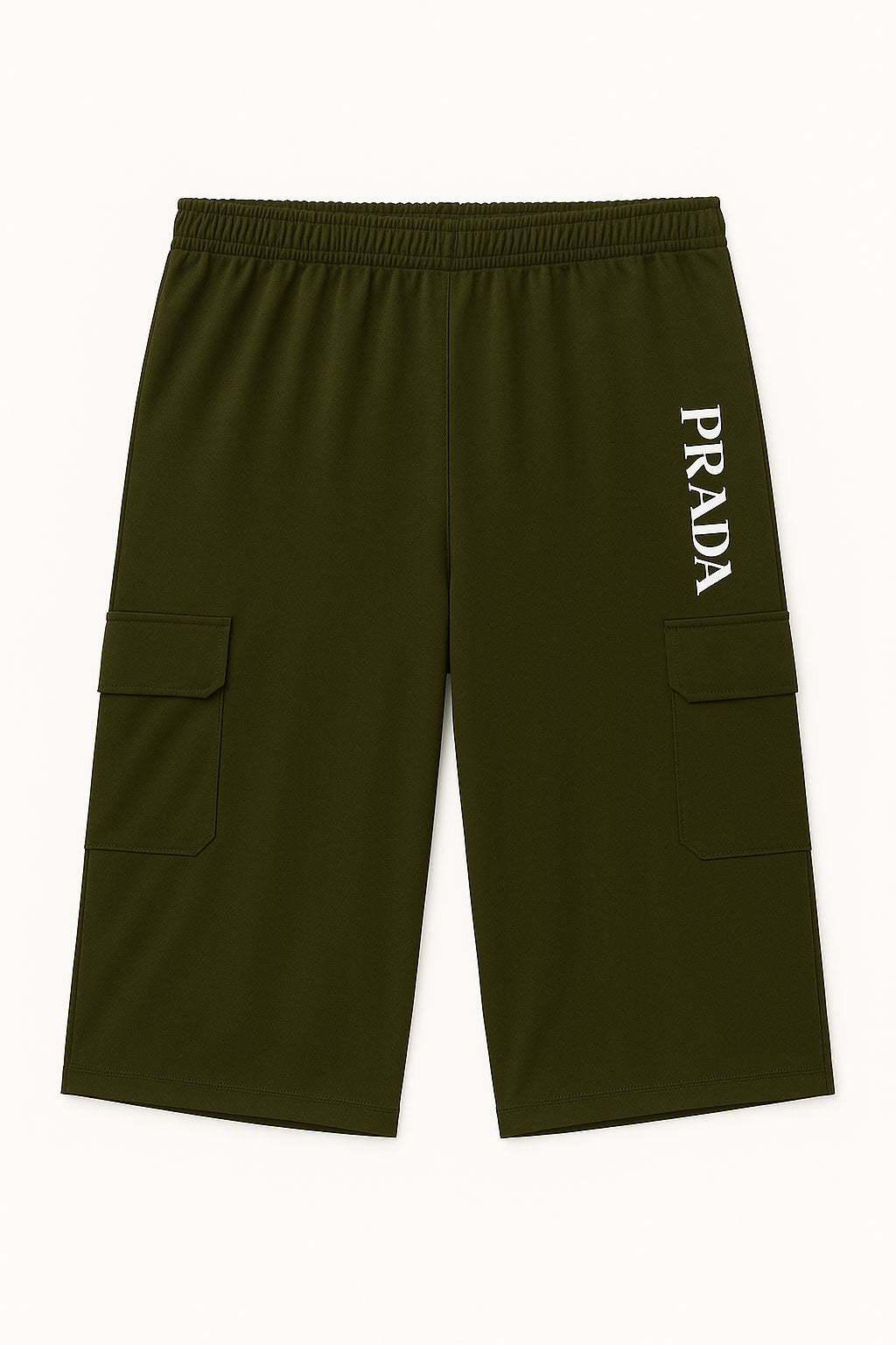 Flat lay of olive Dri-Fit cargo shorts with PRADA logo and side flap pockets