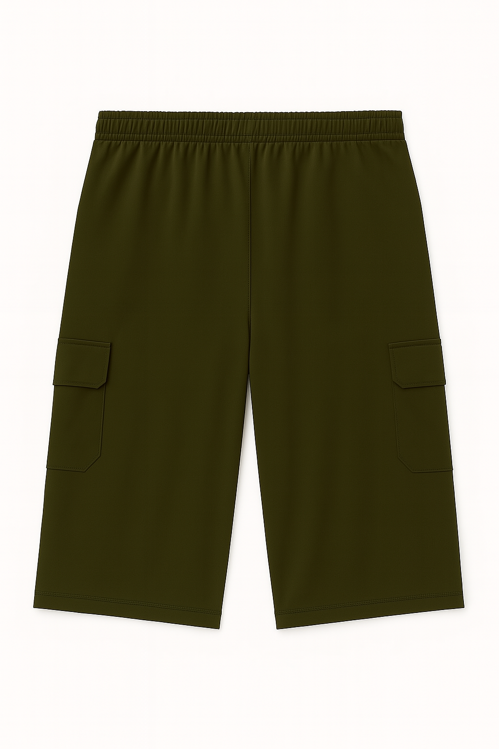 Flat lay of olive Dri-Fit cargo shorts with PRADA logo and side flap pockets