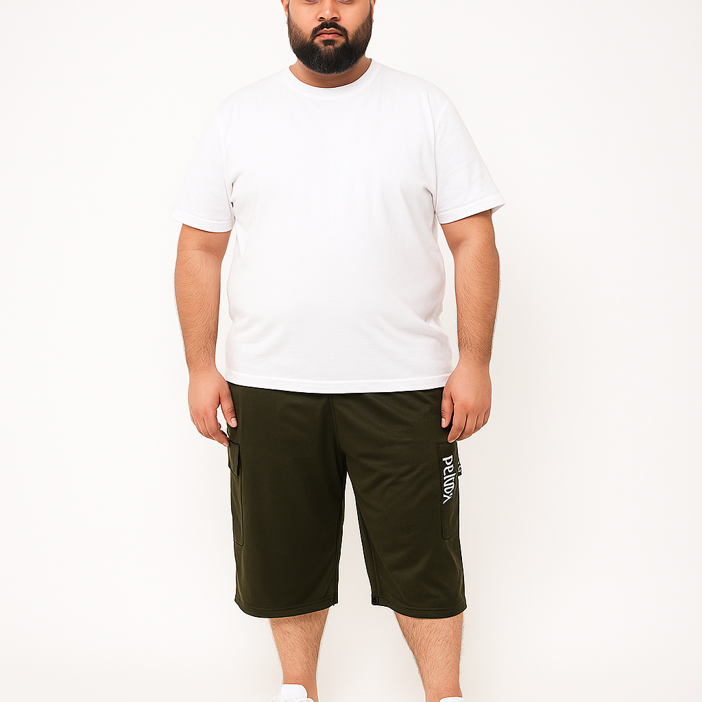 Flat lay of olive Dri-Fit cargo shorts with PRADA logo and side flap pockets