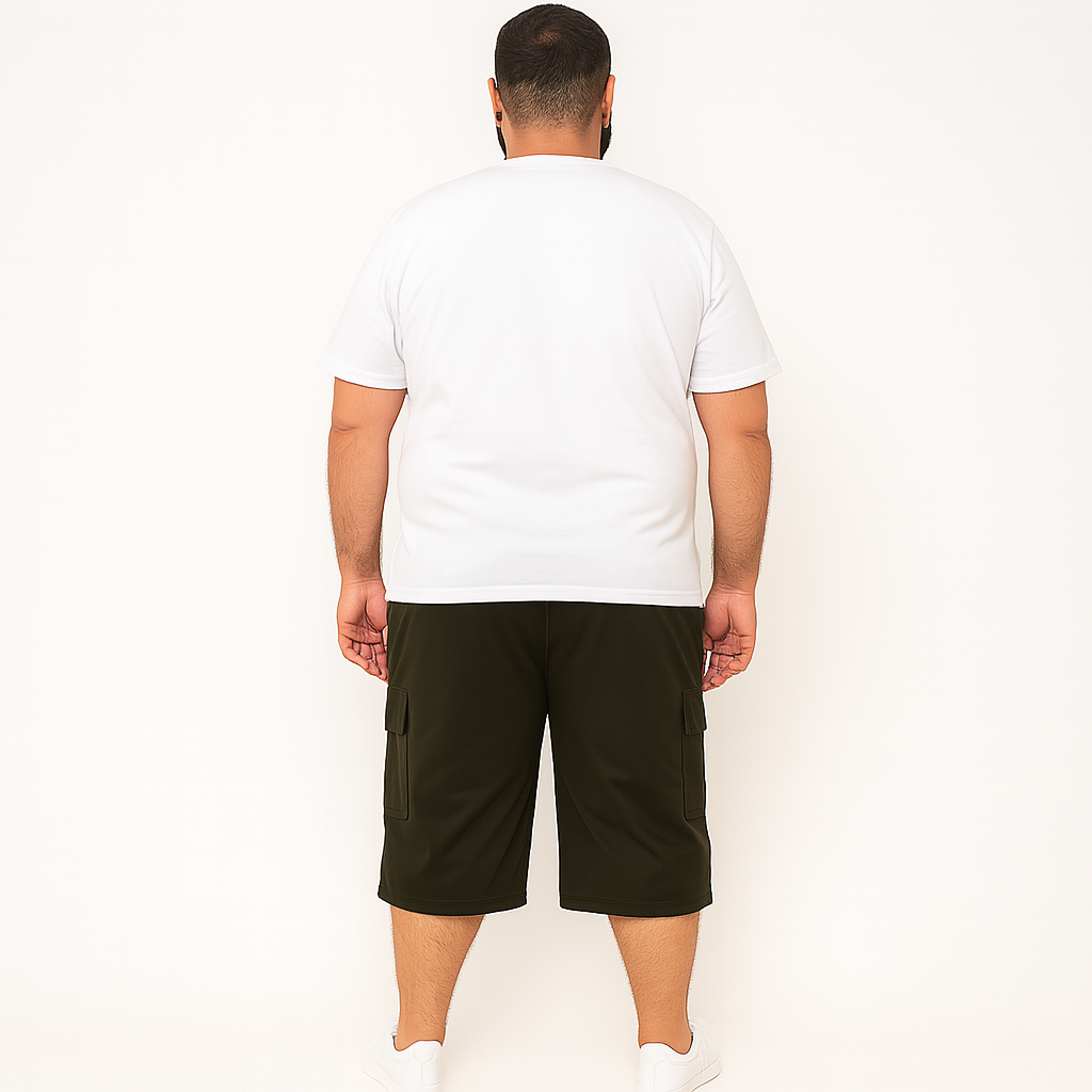 Flat lay of olive Dri-Fit cargo shorts with PRADA logo and side flap pockets