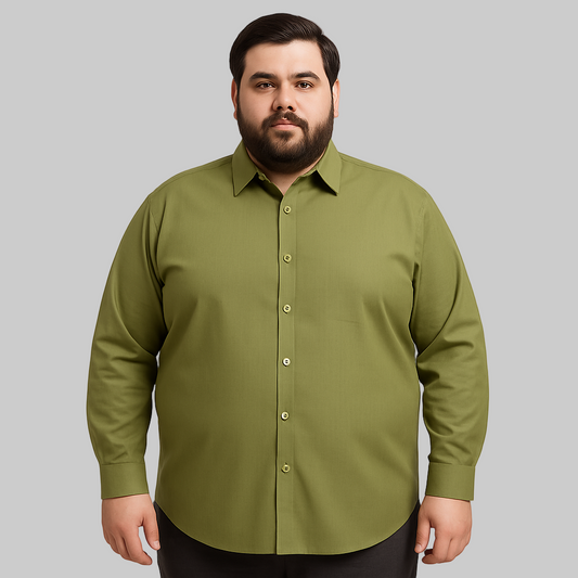 Flat-lay of olive green solid casual shirt with long sleeves and classic collar