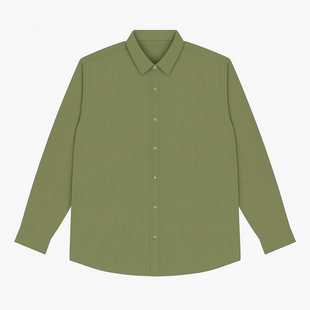Flat-lay of olive green solid casual shirt with long sleeves and classic collar
