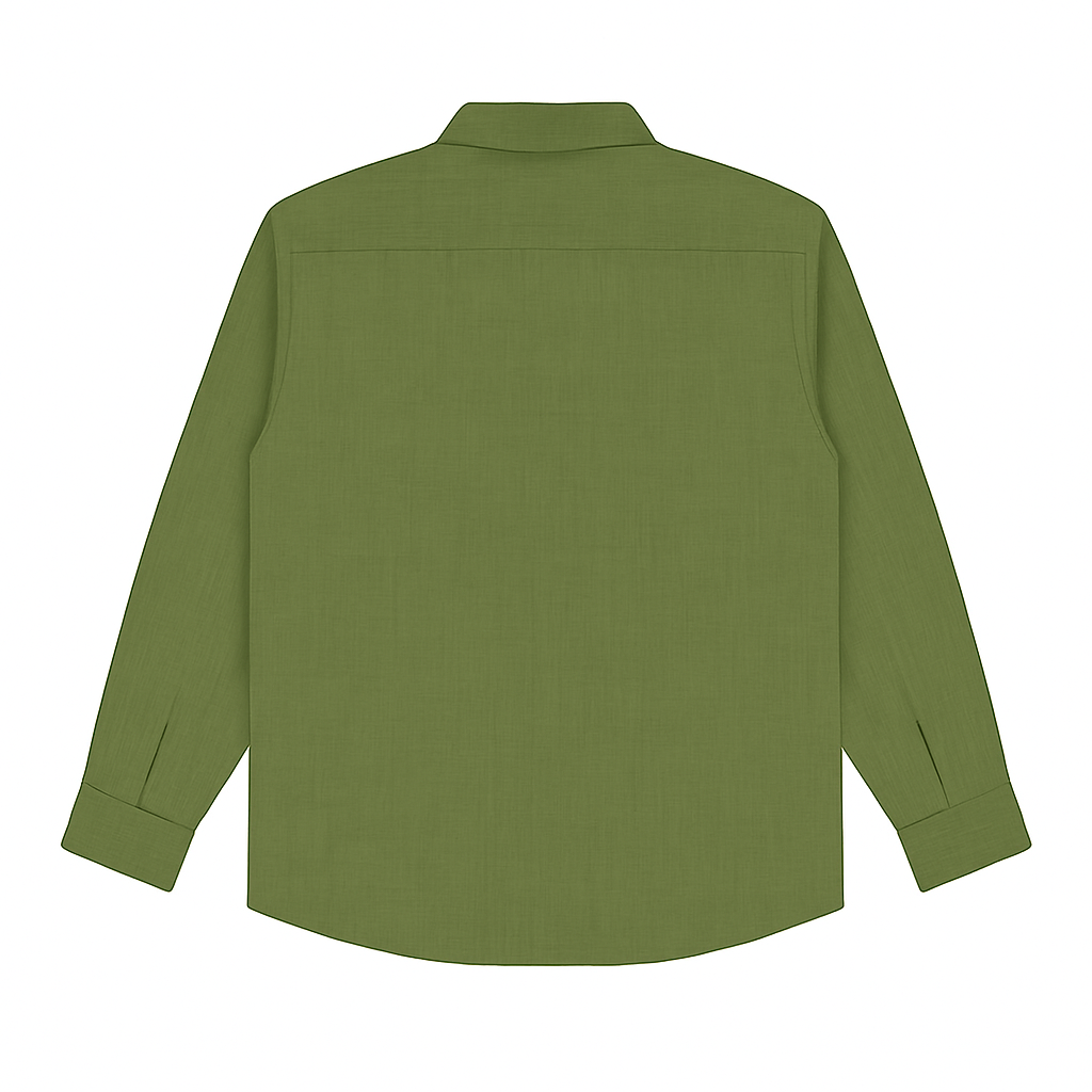 Flat-lay of olive green solid casual shirt with long sleeves and classic collar