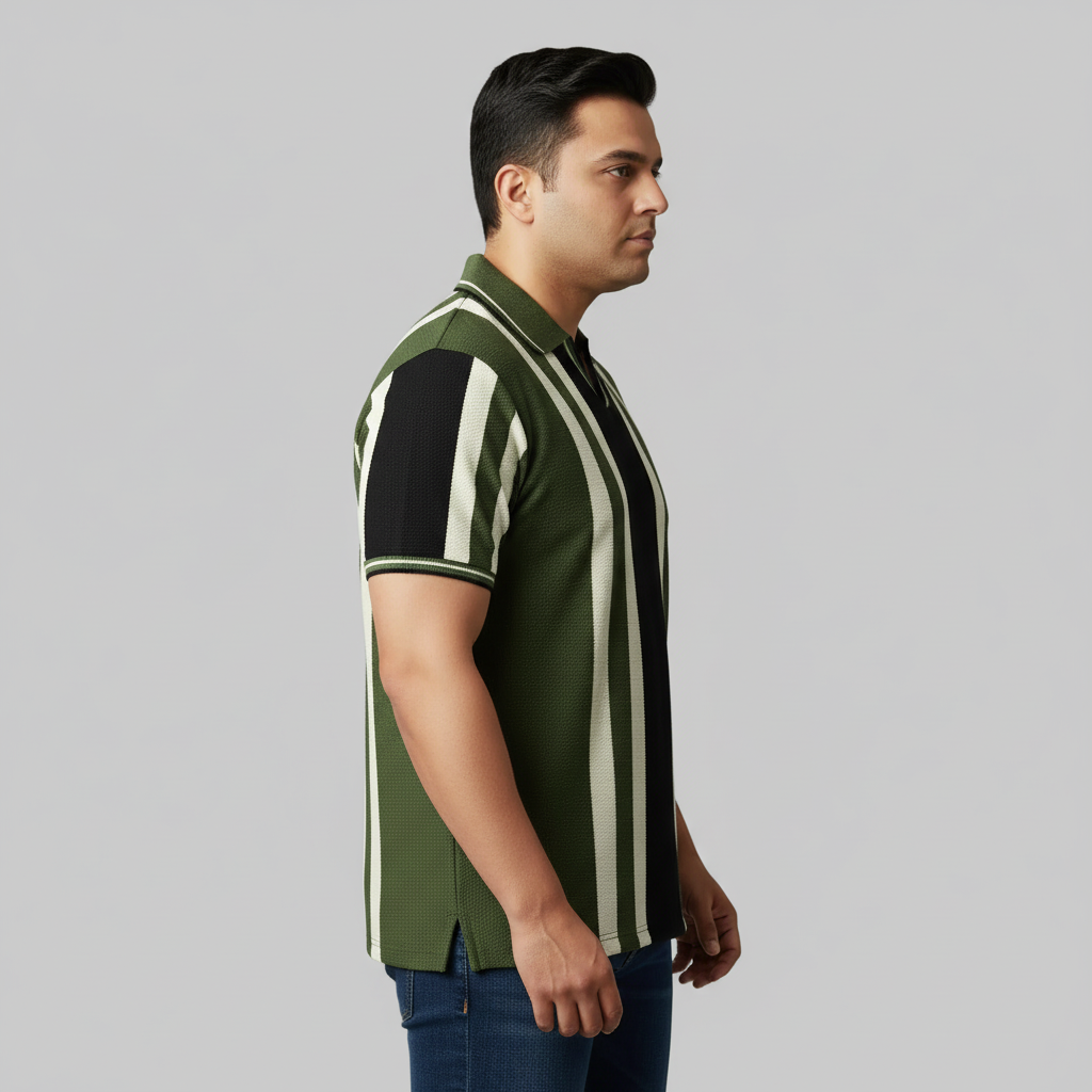 Olive Green & Black Vertical Stripe Polo T-Shirt PSM-10665