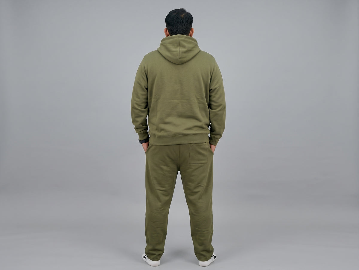 Olive Green Fleece Co-ord Set for Men with Adjustable Bottom Opening and Zip Pockets