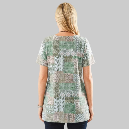 Olive green print patchwork knit tunic made from jersey cotton