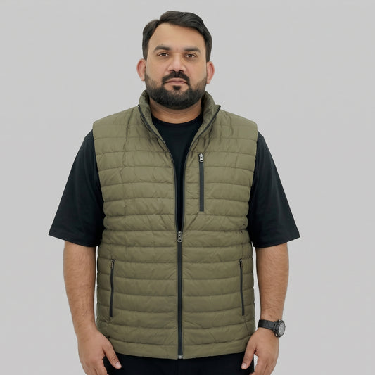 Olive Green Polyester Sleeveless Quilted Puffer Vest for Men, Sizes 2XL to 6XL