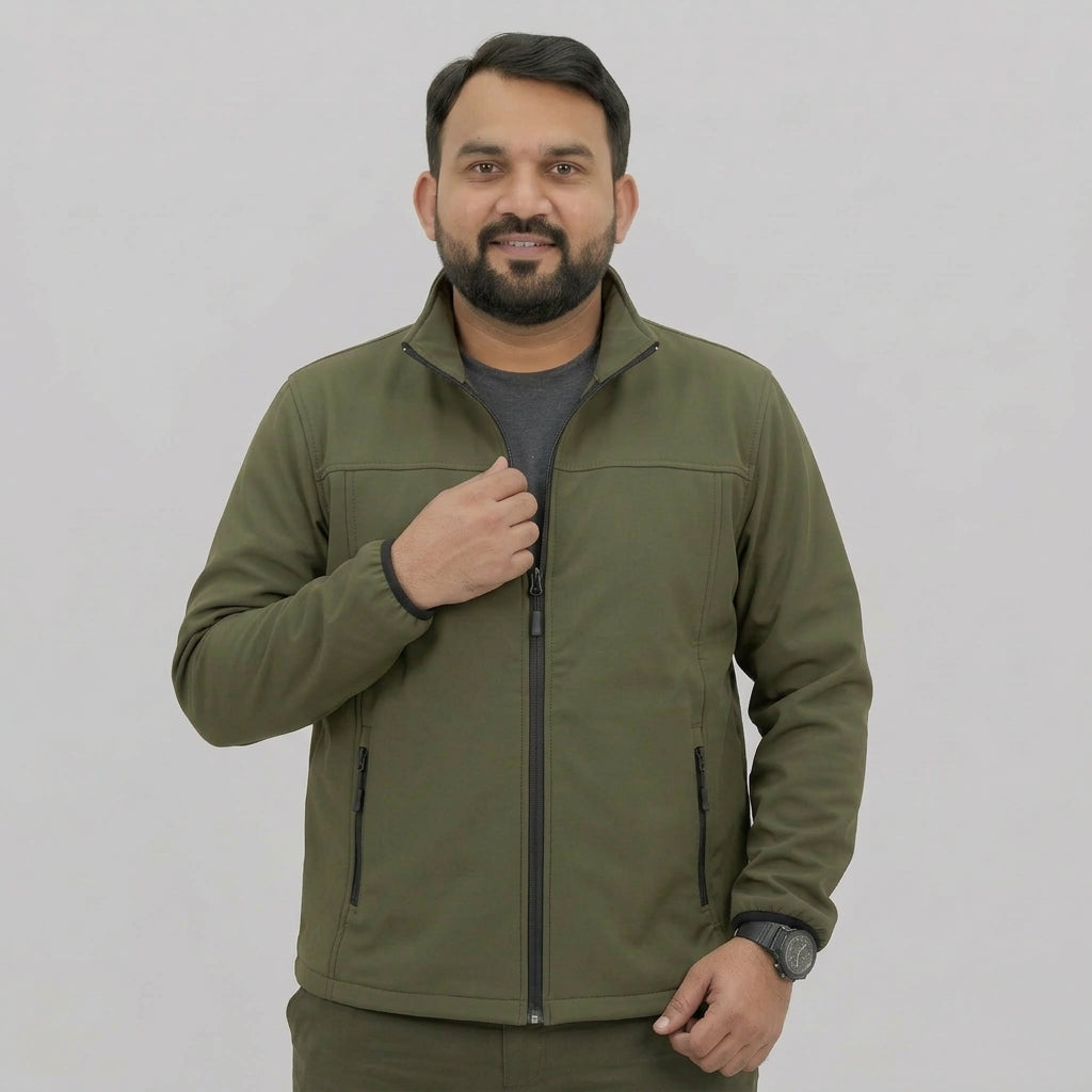 Olive Green Soft Shell Jacket for Men with Full-Zip Front and Zipper Pockets