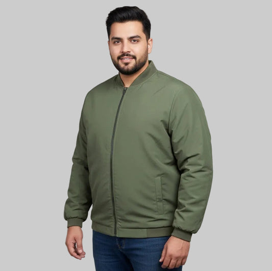 Olive plus size bomber jacket with front zip closure and ribbed cuffs on a plain background.