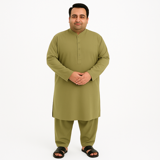 Plus-size man wearing olive green wash & wear kurta pajama – PlusSize.pk