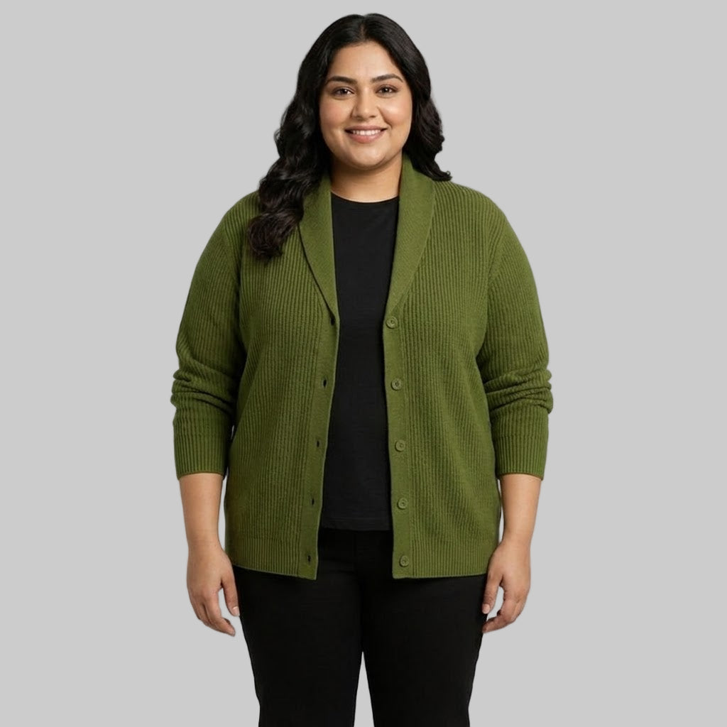 Olive Ribbed Shawl Collar Cardigan Unisex Sweater PSM-10392