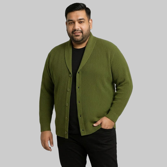 Olive Ribbed Shawl Collar Cardigan Unisex Sweater PSM-10392