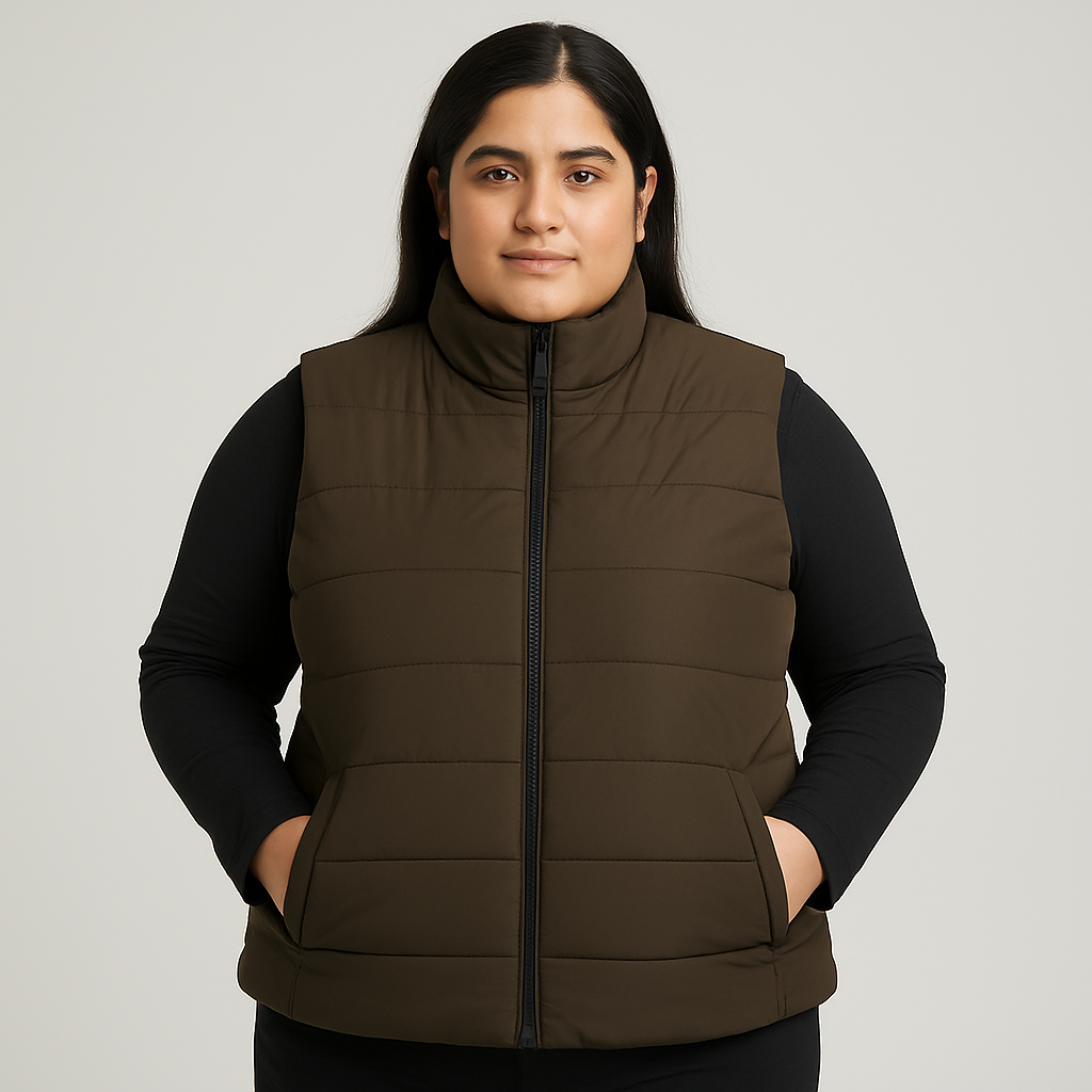 Olive Zip-Front Sleeveless Puffer Jacket for Plus Size Women
