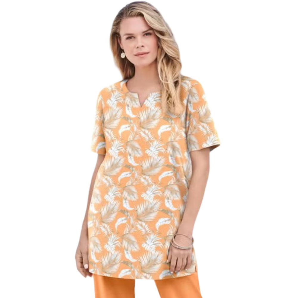Orange melon palm print tunic with notch neckline, short sleeves, and soft knit fabric