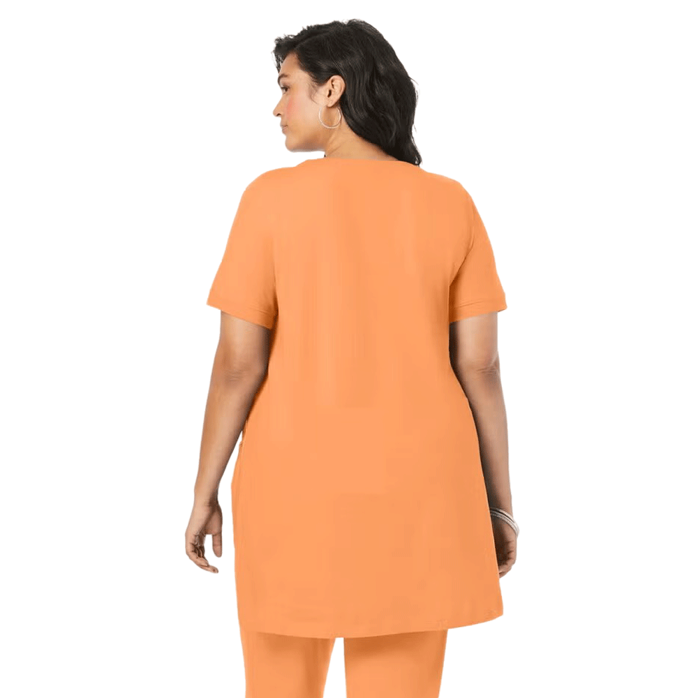 Orange Melon Two Pocket Soft Knit Tunic with short sleeves, scoop neckline, and a relaxed fit for all-day comfort.