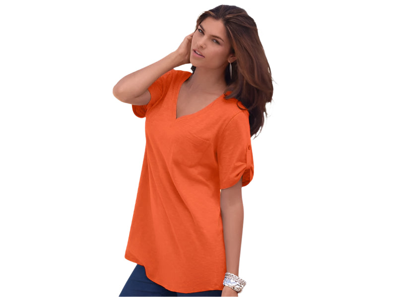 Plus-size woman wearing orange V-neck boyfriend slub tunic – PlusSize.pk
