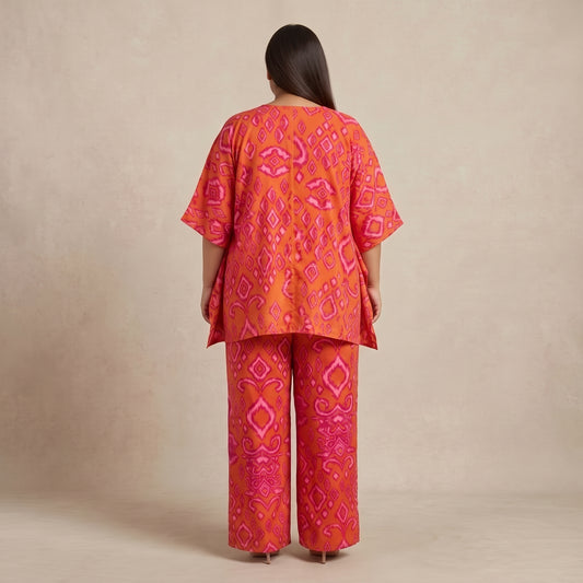 Orange Floral Print Micro Co-Ord Set for Women in lightweight microfiber polyester fabric