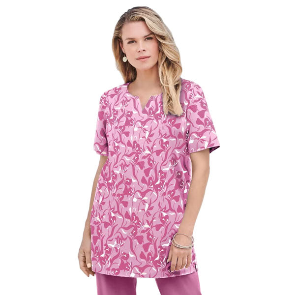 Plus-size tunic in orchid purple with a graphic vine print, notch neckline, and relaxed silhouette, made from soft knit fabric