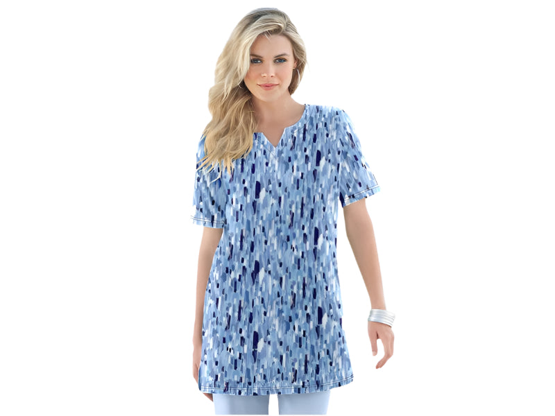 Plus-size pale blue tunic with brushstroke print, notch neckline, and soft knit fabric,
