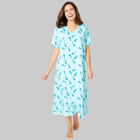 Pale ocean long print sleepshirt in soft cotton with playful print, ribbed V-neck, short sleeves, A-line silhouette, side slits, and 46" length.