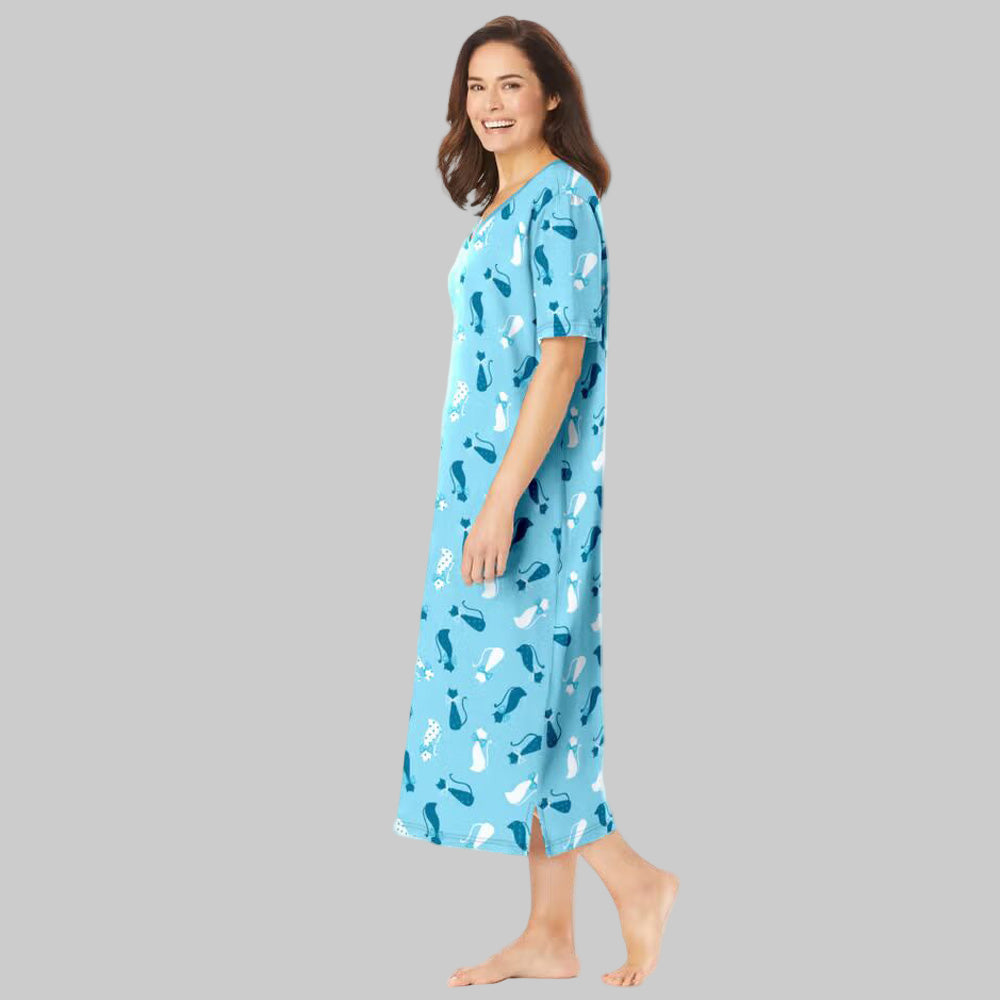 Pale ocean long print sleepshirt in soft cotton with playful print, ribbed V-neck, short sleeves, A-line silhouette, side slits, and 46" length.