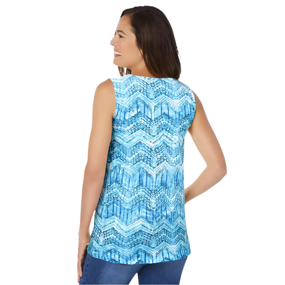 Woman wearing Paradise Blue swing tunic with square neckline, front pleats, and side pockets