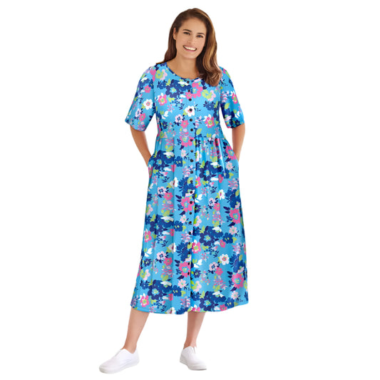 Woman wearing Paradise Blue floral garden print button-front dress with gathered waist