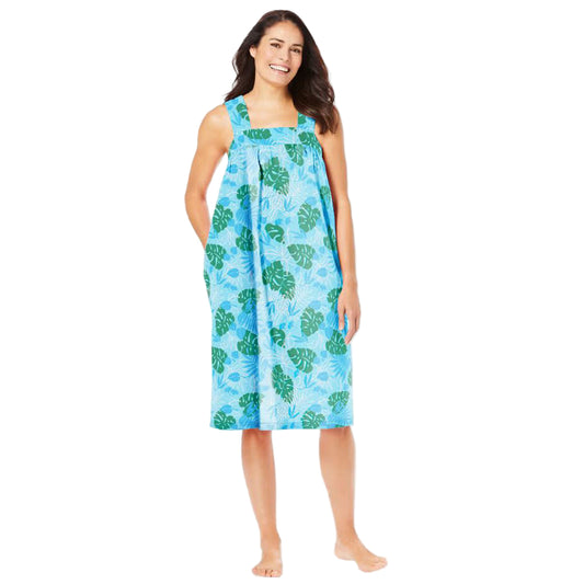 Women’s sleeveless square neck lounger in paradise blue palm print with 42-inch length, side pockets, shirred yoke, and cotton/poly blend fabric