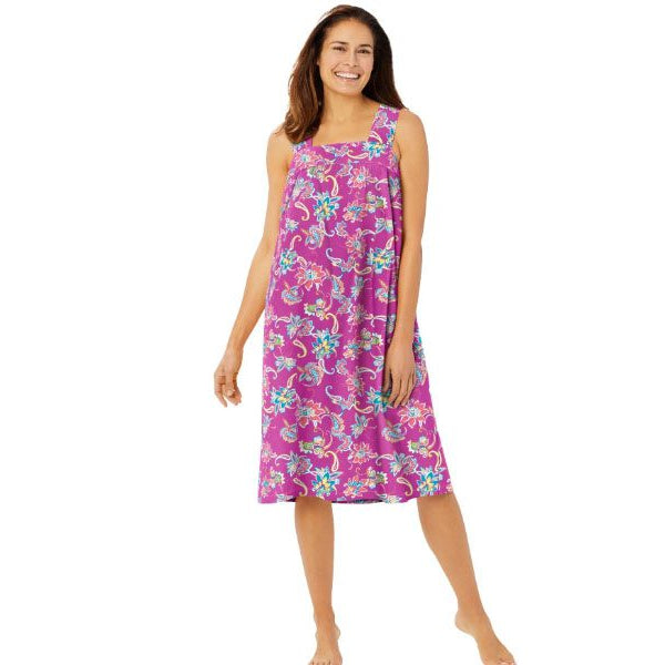 Plus-size sleeveless lounger featuring a paradise pink paisley print, square neckline, shirred yoke, elastic back, and side seam pockets.