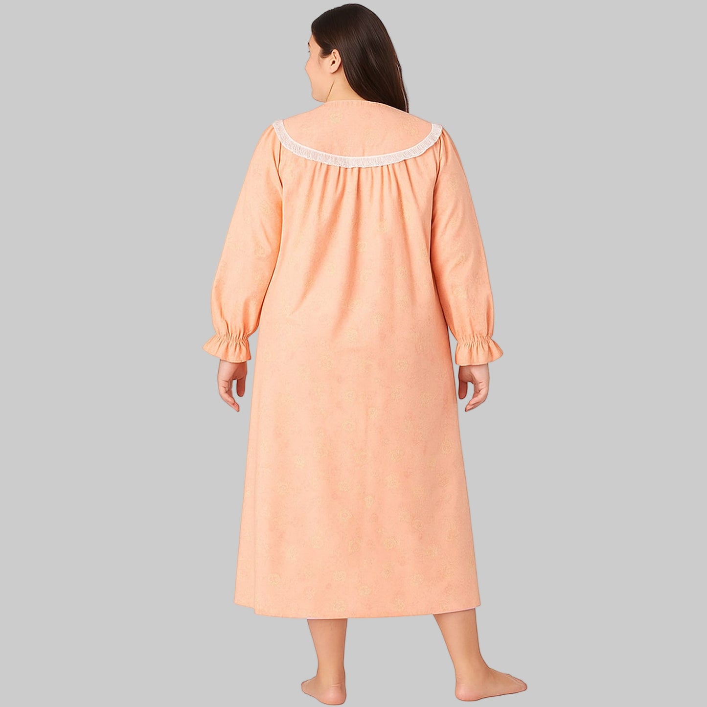 Peach floral flannel nightgown with lace trim and ruffle cuffs