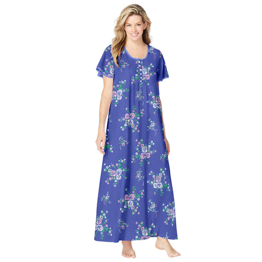 Periwinkle Floral Long Pintuck Knit Gown PSW-8526