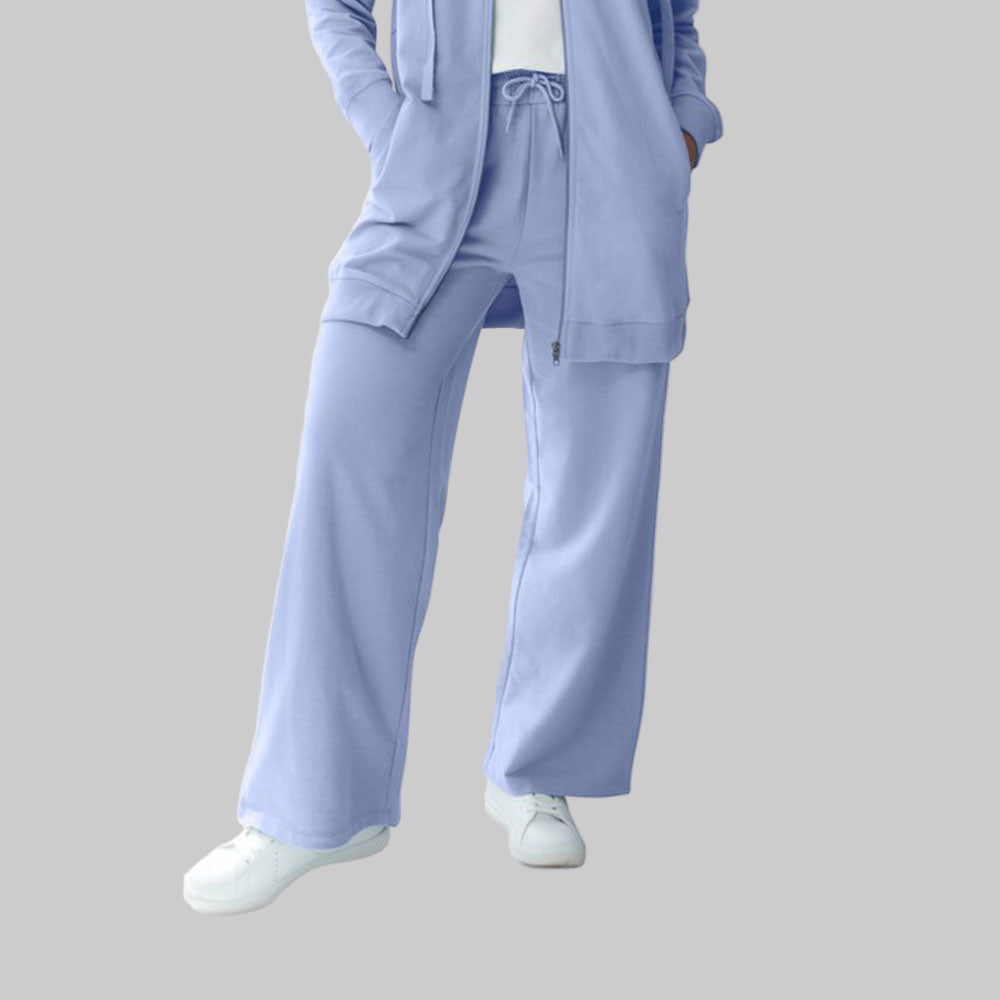 Periwinkle Mist Wide-Leg French Terry Sweatpants with elastic drawstring waist and front pockets — soft, full-length lounge pants for women.