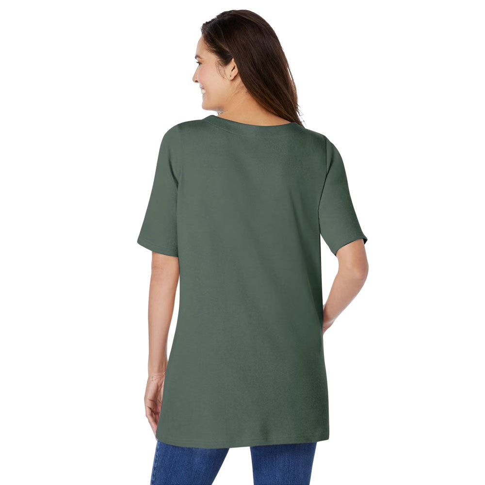 Plus-size 2-in-1 tunic with a notch neckline, striped contrast inset, and embroidered detail. Relaxed fit with elbow-length sleeves and a 30” tunic length.