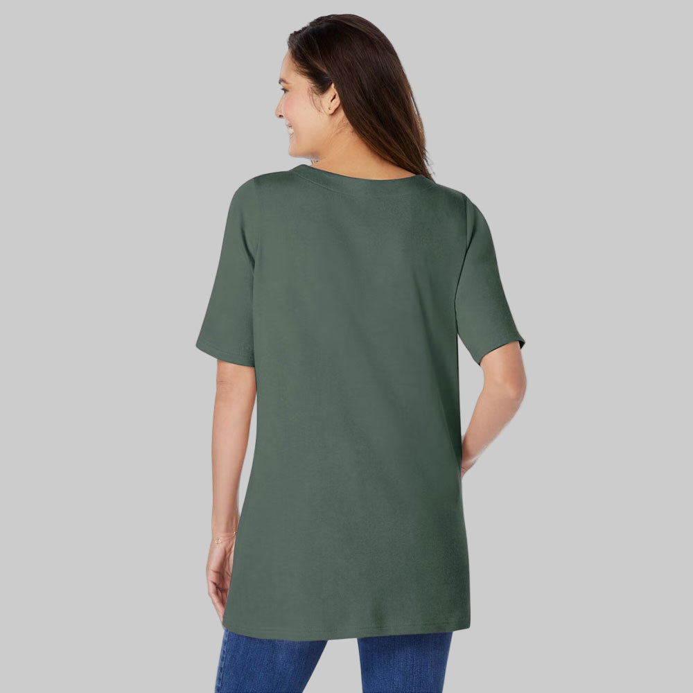 Plus-size 2-in-1 tunic with a notch neckline, striped contrast inset, and embroidered detail. Relaxed fit with elbow-length sleeves and a 30” tunic length.