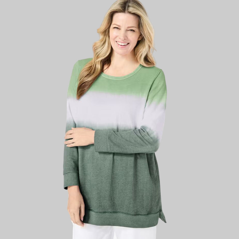 Pine Ikat Tie-Dye Knit Sweatshirt Tunic with banded scoop neck and slit hem — soft French terry plus size pullover top.