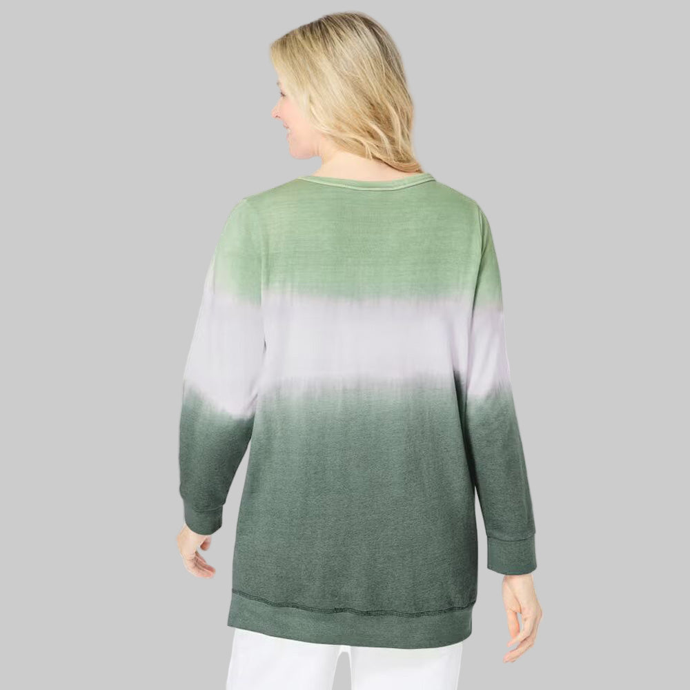 Pine Ikat Tie-Dye Knit Sweatshirt Tunic with banded scoop neck and slit hem — soft French terry plus size pullover top.