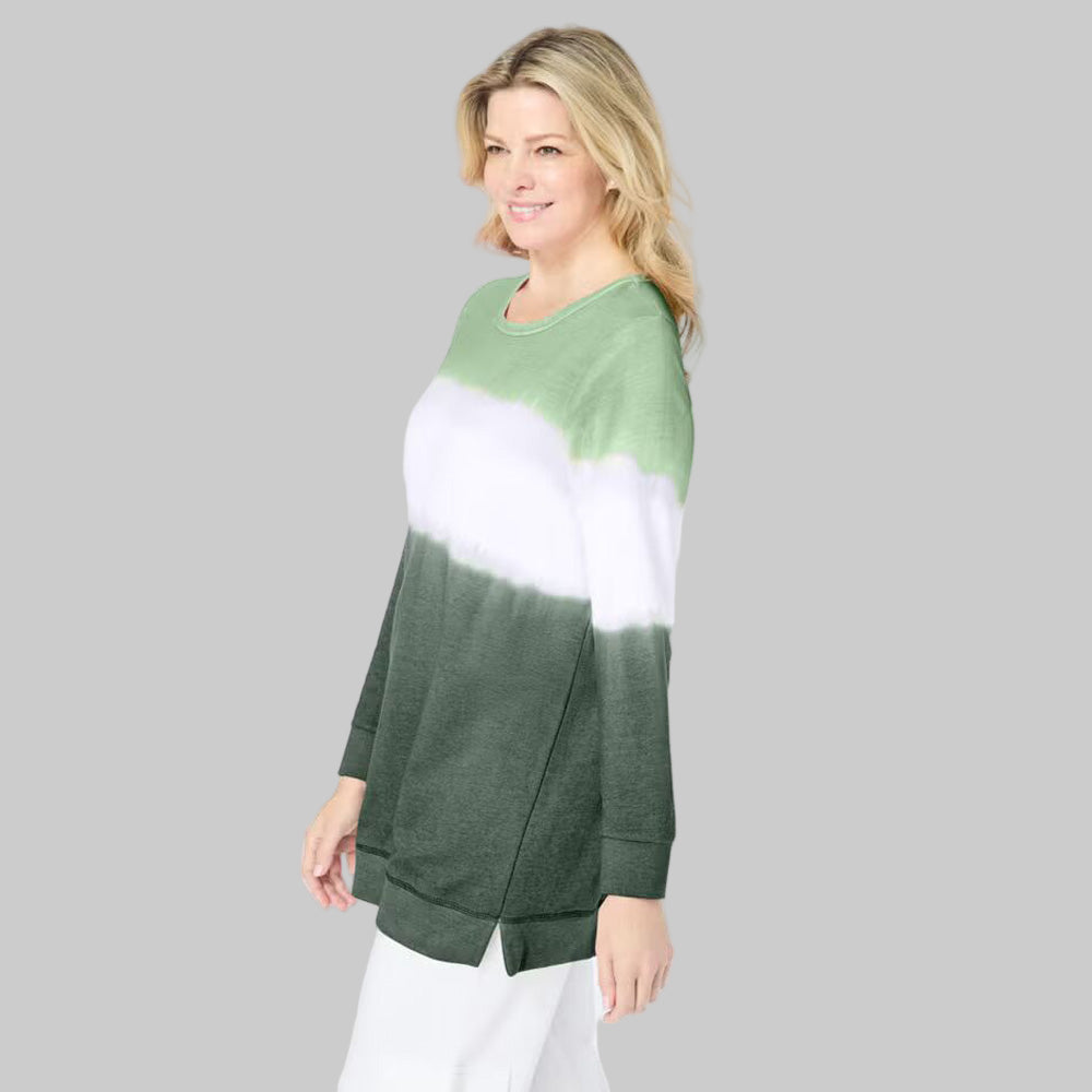 Pine Ikat Tie-Dye Knit Sweatshirt Tunic with banded scoop neck and slit hem — soft French terry plus size pullover top.