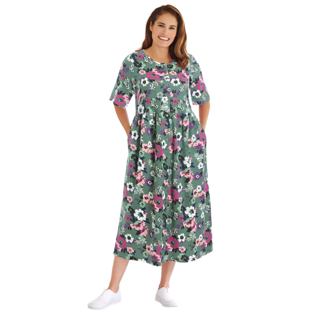 Woman wearing Pine Multi garden print button-front dress with gathered waist and side pockets