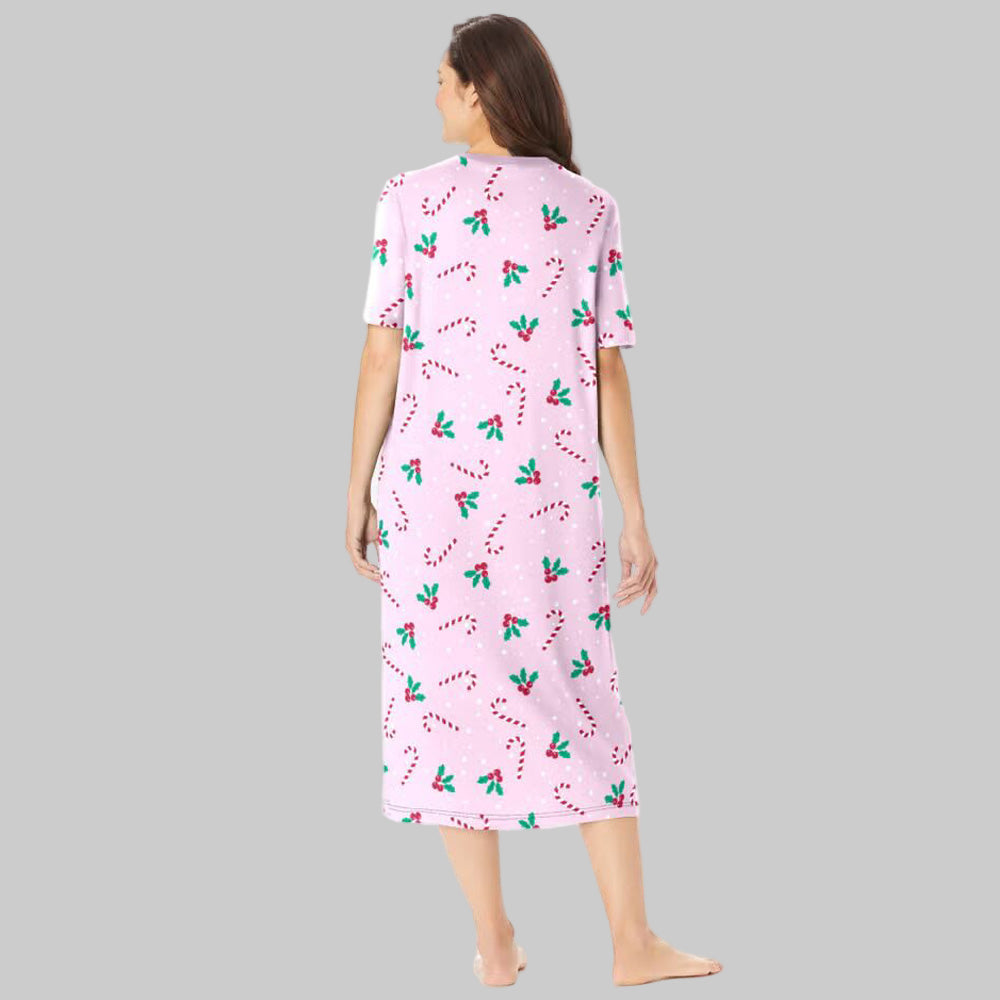 Pink Candy Cane Long Print Sleepshirt with short sleeves, V-neckline, and side slits – pure cotton women’s sleepwear, 46-inch length.