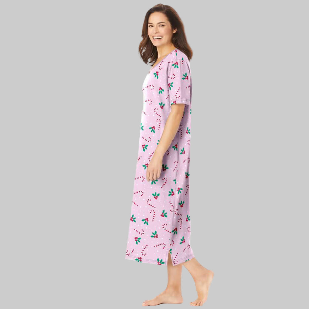 Pink Candy Cane Long Print Sleepshirt with short sleeves, V-neckline, and side slits – pure cotton women’s sleepwear, 46-inch length.