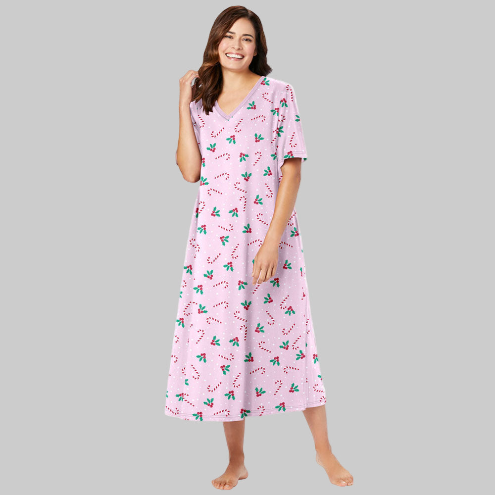 Pink Candy Cane Long Print Sleepshirt with short sleeves, V-neckline, and side slits – pure cotton women’s sleepwear, 46-inch length.