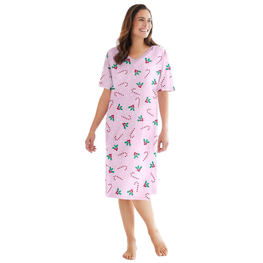 Pink Candy Cane Short Print Sleepshirt with ribbed V-neck, short sleeves, and A-line fit – women’s 40-inch cotton sleepwear.
