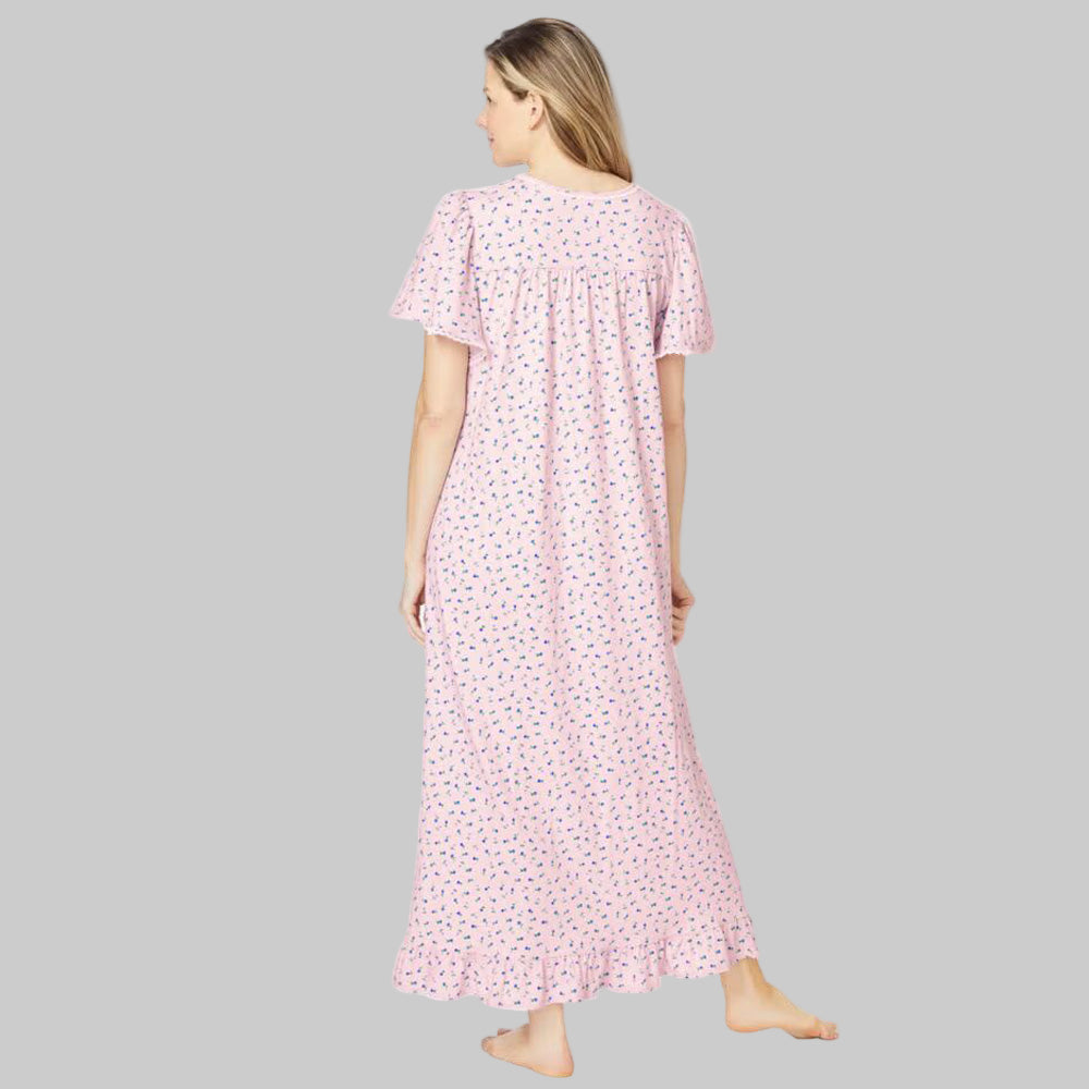 Pink ditsy floral print long cotton nightgown with lace trim and ruffled sleeves