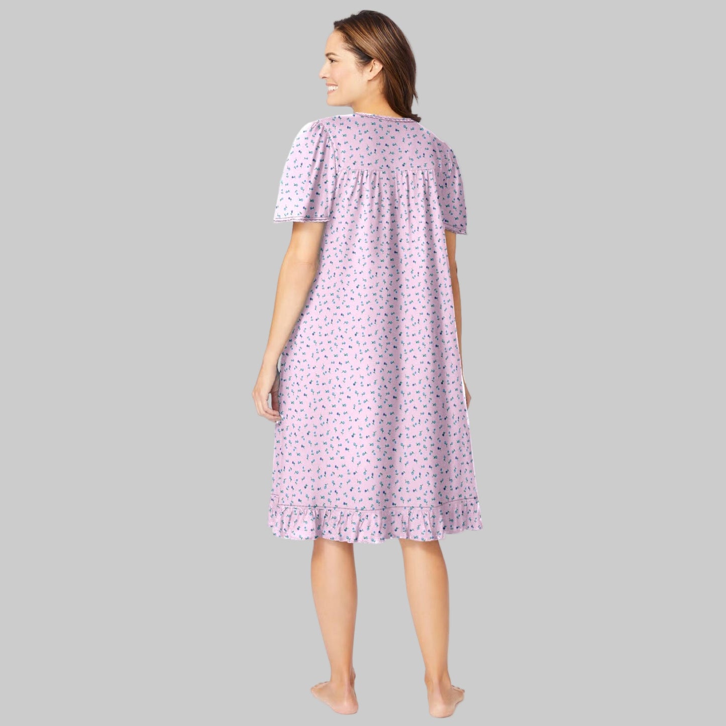 Pink ditsy floral short cotton nightgown with flutter sleeves, ruffled hem, and pintuck details — soft, breathable sleepwear for women.